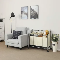 SONGMICS Wäschekorb Mit 4 Fächern Beige 140 L Faltbar Eisengetsell 4 ×35 L Wäschesortierer Wäschebox Wäschewagen Wäschesammler Aus Polyester LSF005S -Leifheit || Vileda || Wenko Verkaufsgeschäft a86bb57abb78ac507add78214eeeec5e