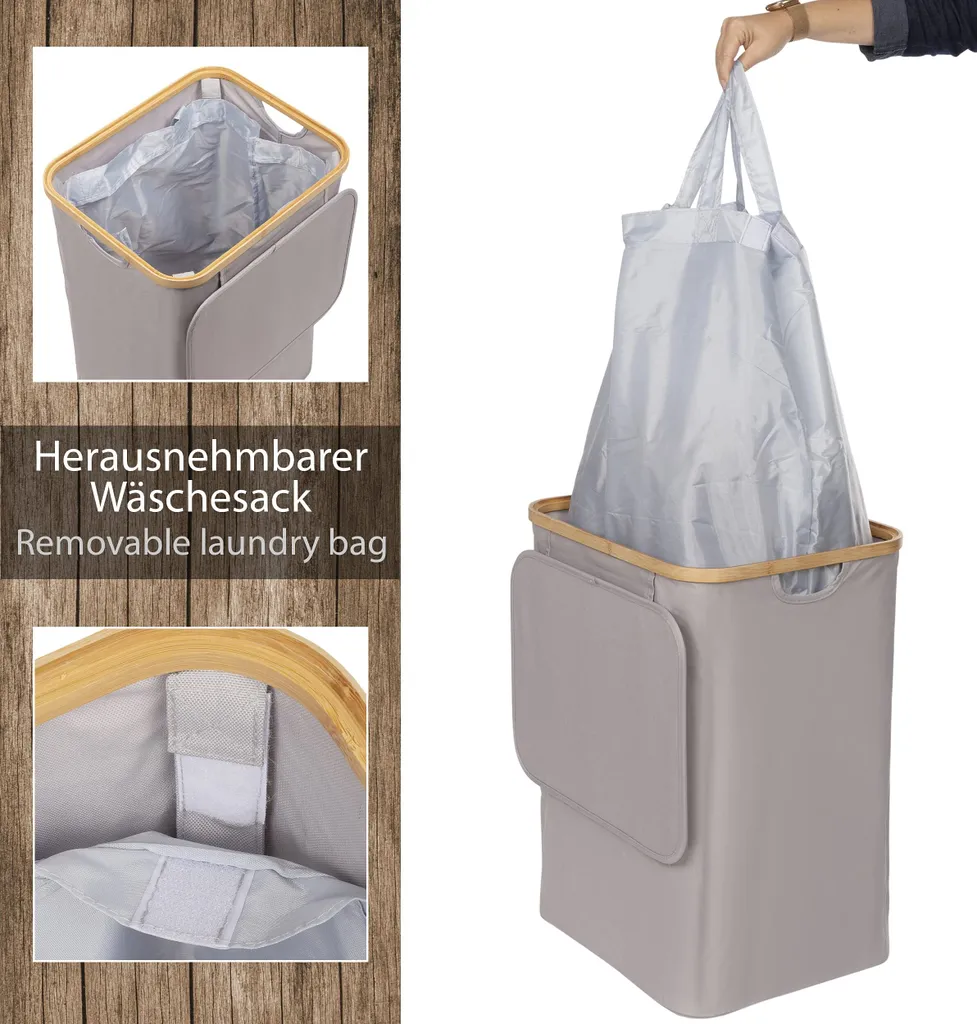ONVAYA® Wäschekorb Mit Deckel | 70 Liter | Grau | Wäschesammler Fürs Badezimmer | Wäschetruhe Aus Bambus-Holz & Oxford-Stoff | Design Wäschebox | Wäschesortierer 3 ONVAYA® Wäschekorb Mit Deckel | 70 Liter | Grau | Wäschesammler Fürs Badezimmer | Wäschetruhe Aus Bambus-Holz & Oxford-Stoff | Design Wäschebox | Wäschesortierer – Bild 3