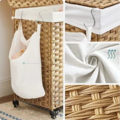 SONGMICS Wäschekorb, Handgeflochten, Wäschesammler, 140 L, Aus Polyrattan, Mit 3 Fächern, Herausnehmbare Tasche, Deckel, Griffe, Für Wohnzimmer, Badezimmer, 66 X 33 X 60 Cm, Naturfarben LCB363N01 -Leifheit || Vileda || Wenko Verkaufsgeschäft b5fc62aadeb26a879a7b8fb4e8348d8f