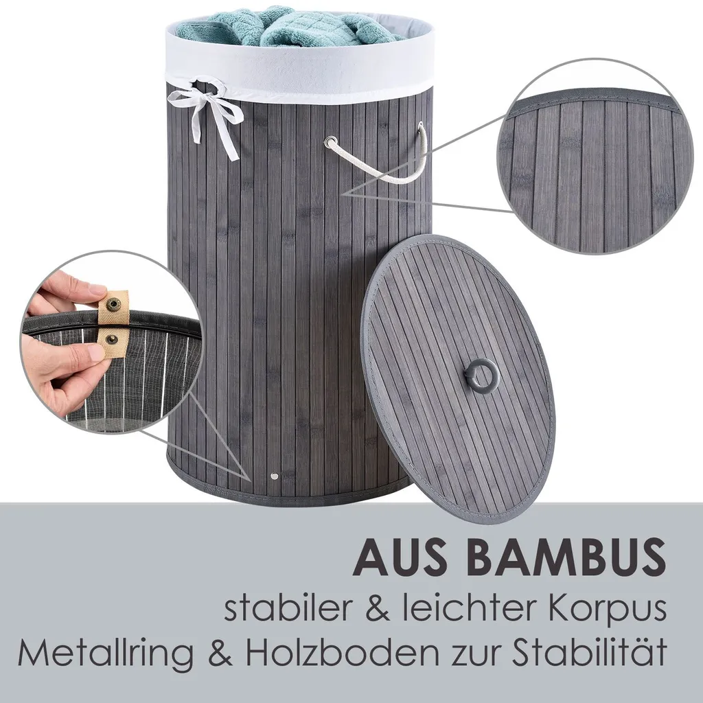 Juskys Bambus Wäschekorb Curly-Round – 55 Liter Volumen – Wäschesammler Mit Deckel, Tragegriffen & Stoff Wäschesack – 1 Fach Wäschebox – In Grau 7 Juskys Bambus Wäschekorb Curly-Round – 55 Liter Volumen – Wäschesammler Mit Deckel, Tragegriffen & Stoff Wäschesack – 1 Fach Wäschebox – In Grau – Bild 7