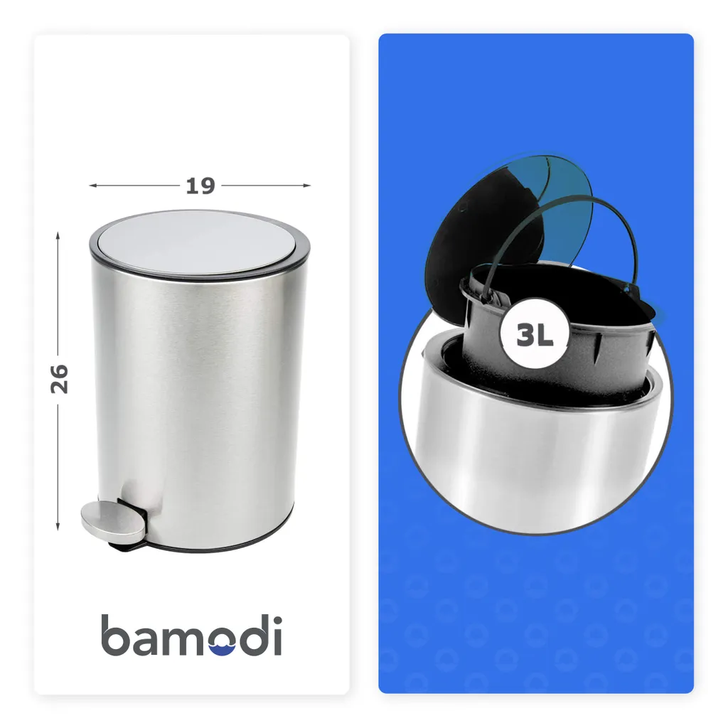 Bamodi Kosmetikeimer – 3l-Edelstahl-Treteimer Mit Absenkautomatik – Silber (gebürstet) 4 Bamodi Kosmetikeimer – 3l-Edelstahl-Treteimer Mit Absenkautomatik – Silber (gebürstet) – Bild 4