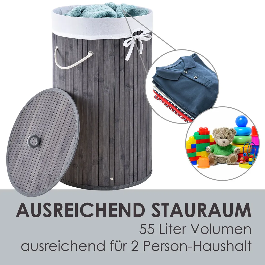 Juskys Bambus Wäschekorb Curly-Round – 55 Liter Volumen – Wäschesammler Mit Deckel, Tragegriffen & Stoff Wäschesack – 1 Fach Wäschebox – In Grau 3 Juskys Bambus Wäschekorb Curly-Round – 55 Liter Volumen – Wäschesammler Mit Deckel, Tragegriffen & Stoff Wäschesack – 1 Fach Wäschebox – In Grau – Bild 3