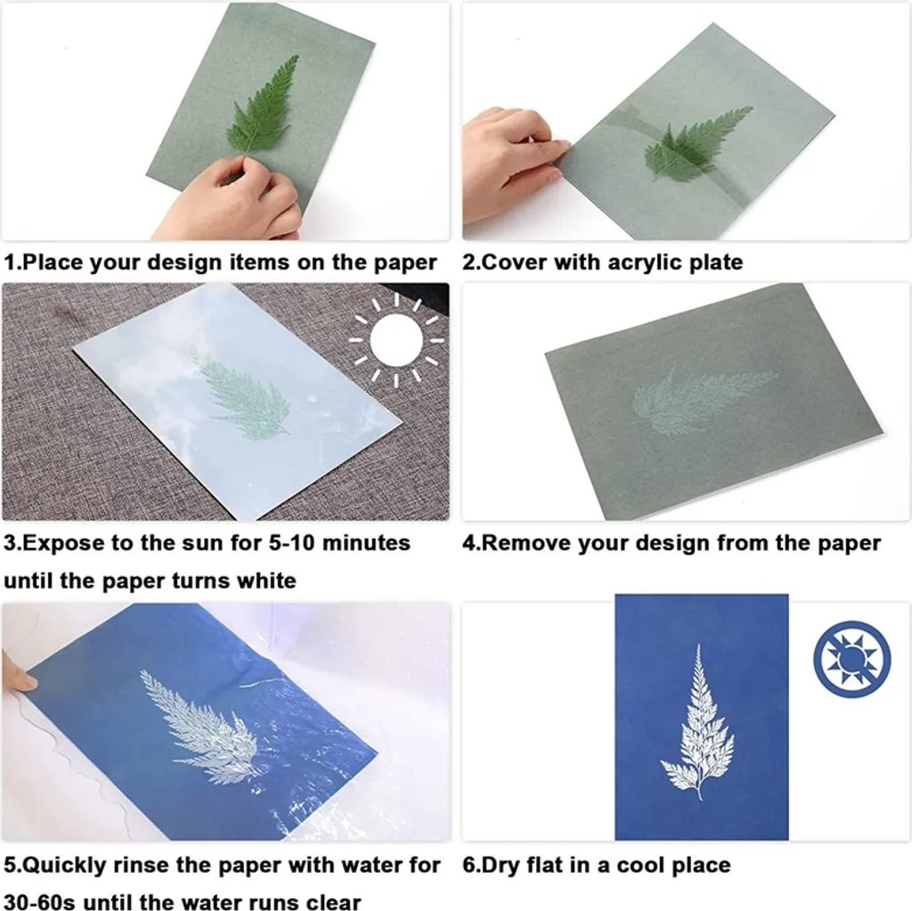 32 Stk Sonnendruck Papier Cyan Papier A5 Solar Zeichenpapier Hohe Empfindlichkeit Cyanotypie Papier + Rückwand DIY Bastelset, 20.8x15cm 6 32 Stk Sonnendruck Papier Cyan Papier A5 Solar Zeichenpapier Hohe Empfindlichkeit Cyanotypie Papier + Rückwand DIY Bastelset, 20.8x15cm – Bild 6