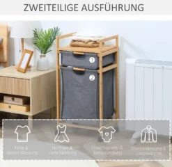 HOMCOM Wäschekorb Wäschebox Mit 2 Stoffbeutel Wäschesack Wäschesammler Mit Rollen Aufbewahrungskorb Bambus Naturholz+Grau 42 X 35 X 84,5 Cm -Leifheit || Vileda || Wenko Verkaufsgeschäft c7949ae26832adfaecdf24704ef962c6