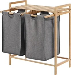 ACAZA Wäschekorb Mit 2 Fächern, Wäschesortierer Mit Ausziehbaren Wäschesäcken - Stoff / Bambus - Grau -Leifheit || Vileda || Wenko Verkaufsgeschäft c79da0b95a279edcc5a35a95aaca9964