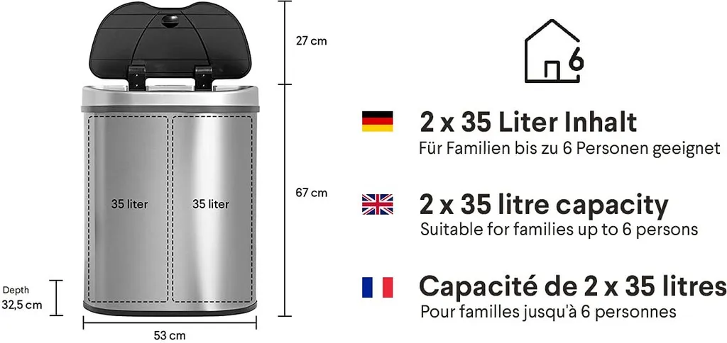 QUBIX Sensor Mülleimer 70L - 2 X 35L - 2 Fächer - Edelstahl - Abfalleimer - Abfalltrennsensor - Abfalltrennung Mülleimer 2 QUBIX Sensor Mülleimer 70L - 2 X 35L - 2 Fächer - Edelstahl - Abfalleimer - Abfalltrennsensor - Abfalltrennung Mülleimer – Bild 2