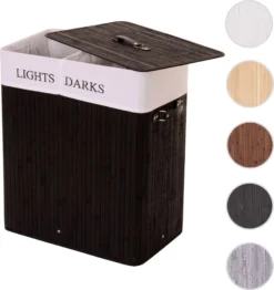Wäschekorb MCW-C21, Laundry Wäschebox Wäschesammler Wäschebehälter, Bambus 2 Fächer 63x55x34cm 100l Schwarz -Leifheit || Vileda || Wenko Verkaufsgeschäft c91b898139cbf1c26127503302727601