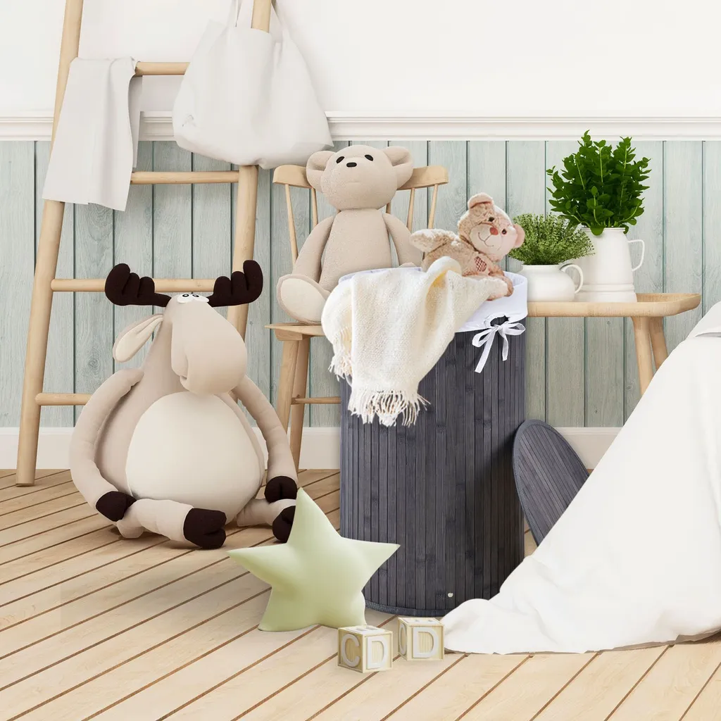 Juskys Bambus Wäschekorb Curly-Round – 55 Liter Volumen – Wäschesammler Mit Deckel, Tragegriffen & Stoff Wäschesack – 1 Fach Wäschebox – In Grau 2 Juskys Bambus Wäschekorb Curly-Round – 55 Liter Volumen – Wäschesammler Mit Deckel, Tragegriffen & Stoff Wäschesack – 1 Fach Wäschebox – In Grau – Bild 2