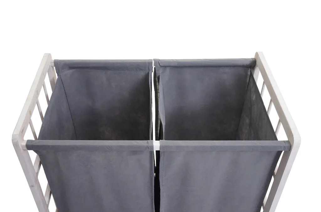 Wäschesammler MCW-B60, Laundry Wäschebox Wäschekorb, Massiv-Holz 2 Fächer 60x60x33cm 68l Shabby Weiß, Bezug Grau 5 Wäschesammler MCW-B60, Laundry Wäschebox Wäschekorb, Massiv-Holz 2 Fächer 60x60x33cm 68l Shabby Weiß, Bezug Grau – Bild 5