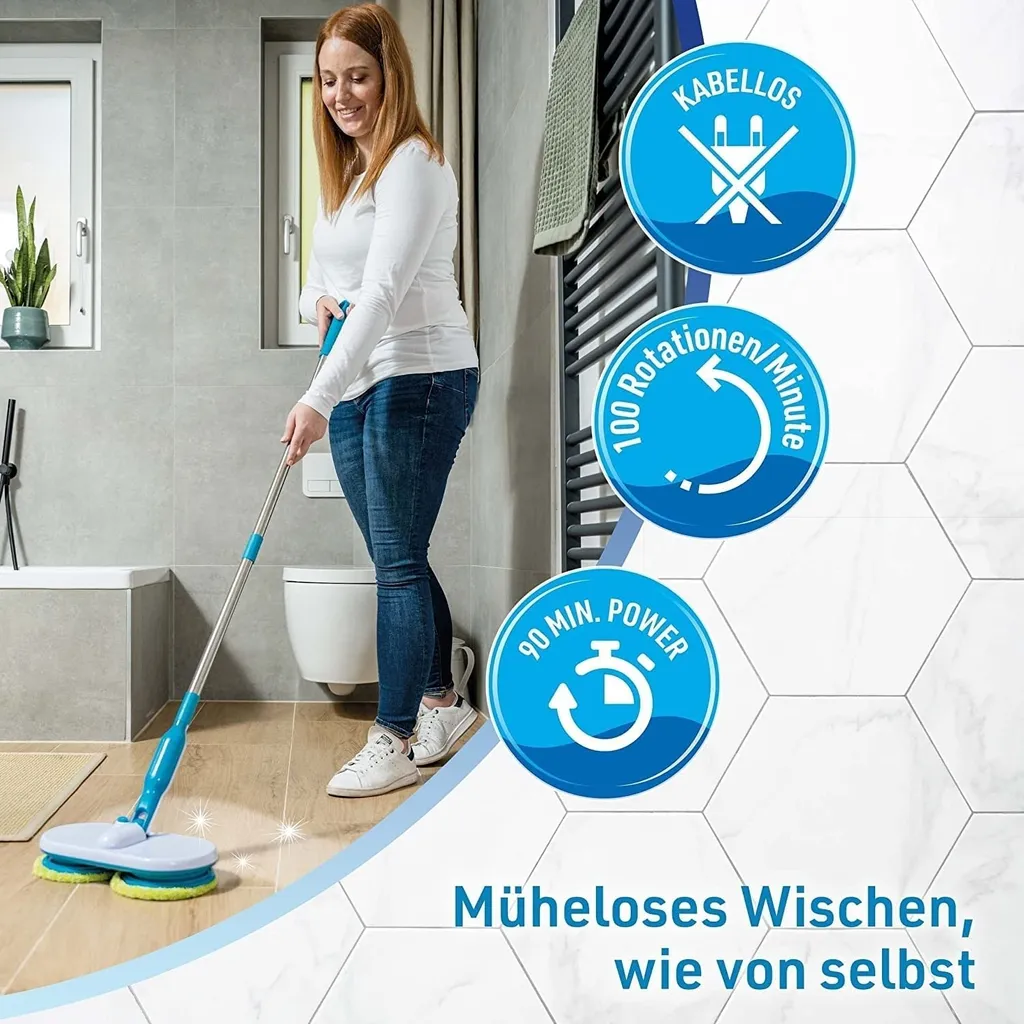 Hurricane Floating Mop Elektrischer Bodenwischer – Akku Wischer Zum Mühelosen Wischen, Schrubben Und Polieren – Ultra Leichter Wischmopp Mit Verschiedenen Mikrofaser-Pads 3 Hurricane Floating Mop Elektrischer Bodenwischer – Akku Wischer Zum Mühelosen Wischen, Schrubben Und Polieren – Ultra Leichter Wischmopp Mit Verschiedenen Mikrofaser-Pads – Bild 3