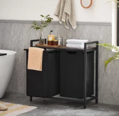 VASAGLE Wäschekorb, Wäschesammler, 2 Fächer, Mit Ablage, Wäschesortierer, Metallgestell, 2 Abnehmbare Taschen Aus Oxford-Gewebe, Mit Klettverschlüssen, Vintagebraun-schwarz BLH201B01