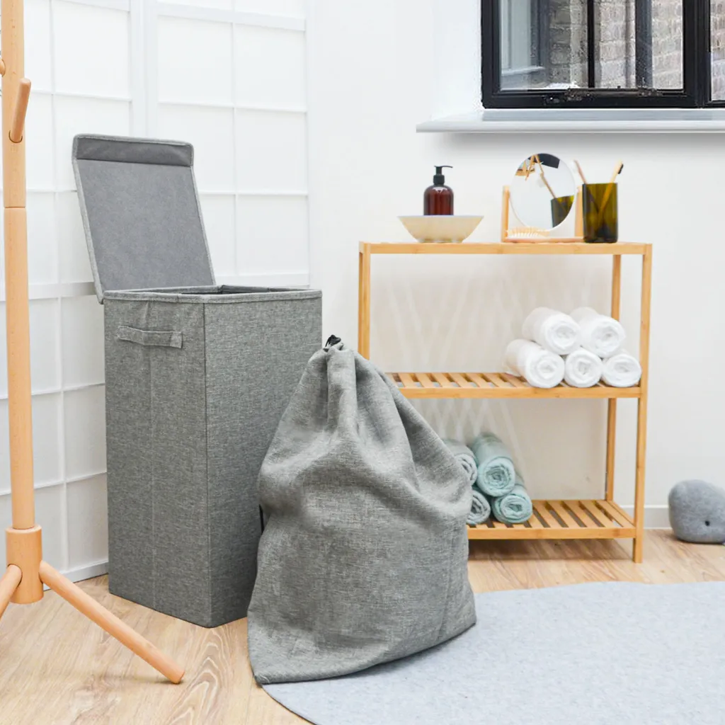 50L Wäschekorb Mit Deckel Und Wäschesack - 30x30x60 Wäschesammler Grau - Faltbar 2 50L Wäschekorb Mit Deckel Und Wäschesack - 30x30x60 Wäschesammler Grau - Faltbar – Bild 2