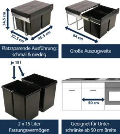 Wesco Niedriger Mülleimer Küche Ausziehbar | 2 X 15 L Einbaumülleimer Mit Schienengestell | Abfallsystem | Abfallsammler | Trennsystem | Bodenmontage | Kunststoff Schwarz | 28015 0 -Leifheit || Vileda || Wenko Verkaufsgeschäft e153980f75bea19f4bcf4b248242e829