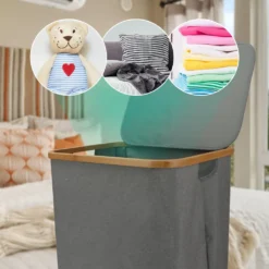 KAHOO Wäschekorb 73L Wäschesammler Aus Bambus + Leinen, 45x36x45cm, Faltbarer Sortier, Wäschebox Mit Deckel Und Griffen, Für Spielzeuge -Leifheit || Vileda || Wenko Verkaufsgeschäft e29a796da760b85737ca11cba9218c2a