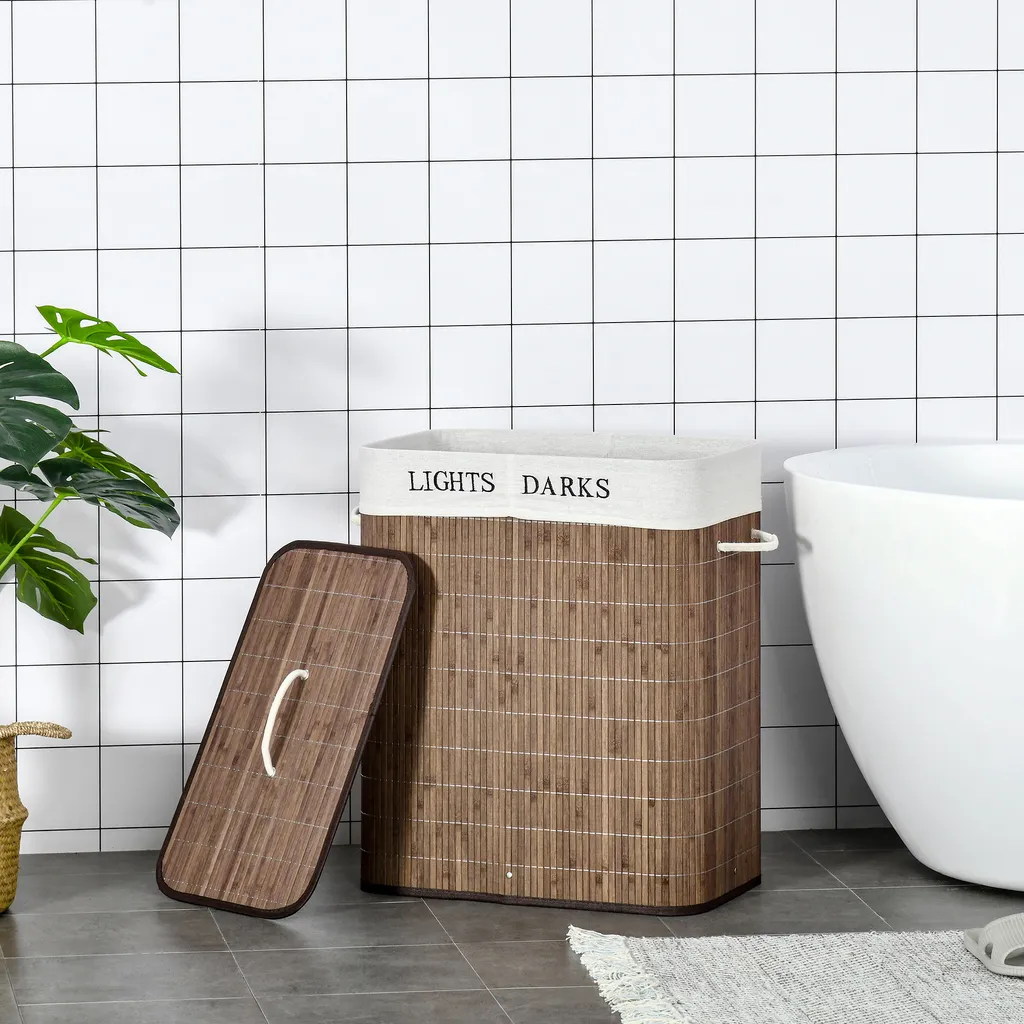 HOMCOM 100L Wäschekorb Wäschebox Wäschesammler Mit 3 Griffe Mit Waschbarem Wäschesack Abnehmbar Bambus Polyester Baumwolle Metall Braun+Weiß 52 X 32 X 63 Cm 8 HOMCOM 100L Wäschekorb Wäschebox Wäschesammler Mit 3 Griffe Mit Waschbarem Wäschesack Abnehmbar Bambus Polyester Baumwolle Metall Braun+Weiß 52 X 32 X 63 Cm – Bild 8