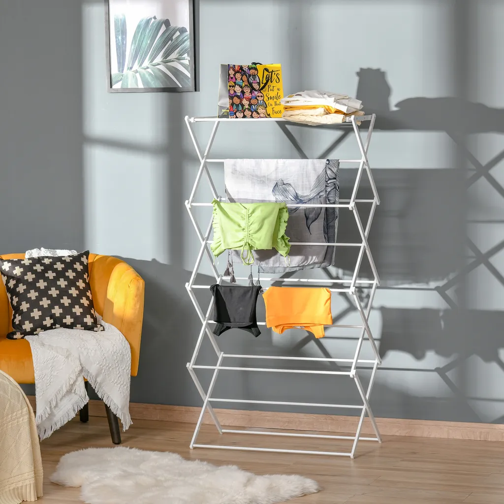 HOMCOM Wäscheständer Faltbar 8-stufiger Trockengestell Trockenständer Metall Kunststoff Weiß 74 X 35 X 144 Cm 2 HOMCOM Wäscheständer Faltbar 8-stufiger Trockengestell Trockenständer Metall Kunststoff Weiß 74 X 35 X 144 Cm – Bild 2