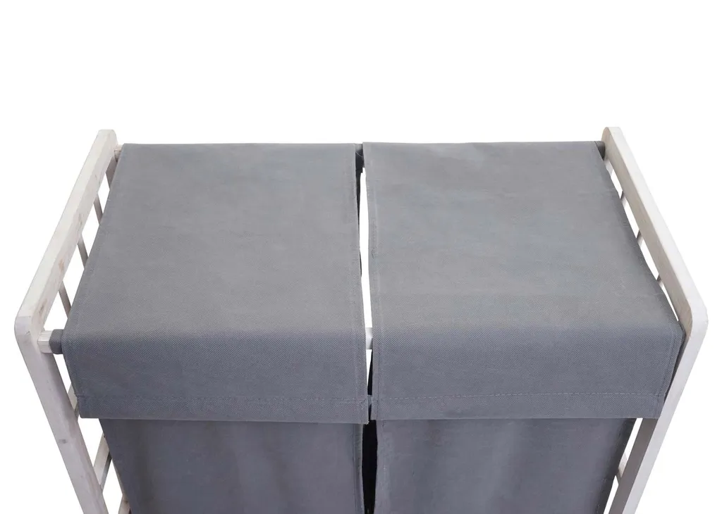 Wäschesammler MCW-B60, Laundry Wäschebox Wäschekorb, Massiv-Holz 2 Fächer 60x60x33cm 68l Shabby Weiß, Bezug Grau 4 Wäschesammler MCW-B60, Laundry Wäschebox Wäschekorb, Massiv-Holz 2 Fächer 60x60x33cm 68l Shabby Weiß, Bezug Grau – Bild 4