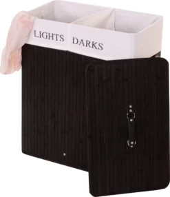 Wäschekorb MCW-C21, Laundry Wäschebox Wäschesammler Wäschebehälter, Bambus 2 Fächer 63x55x34cm 100l Schwarz