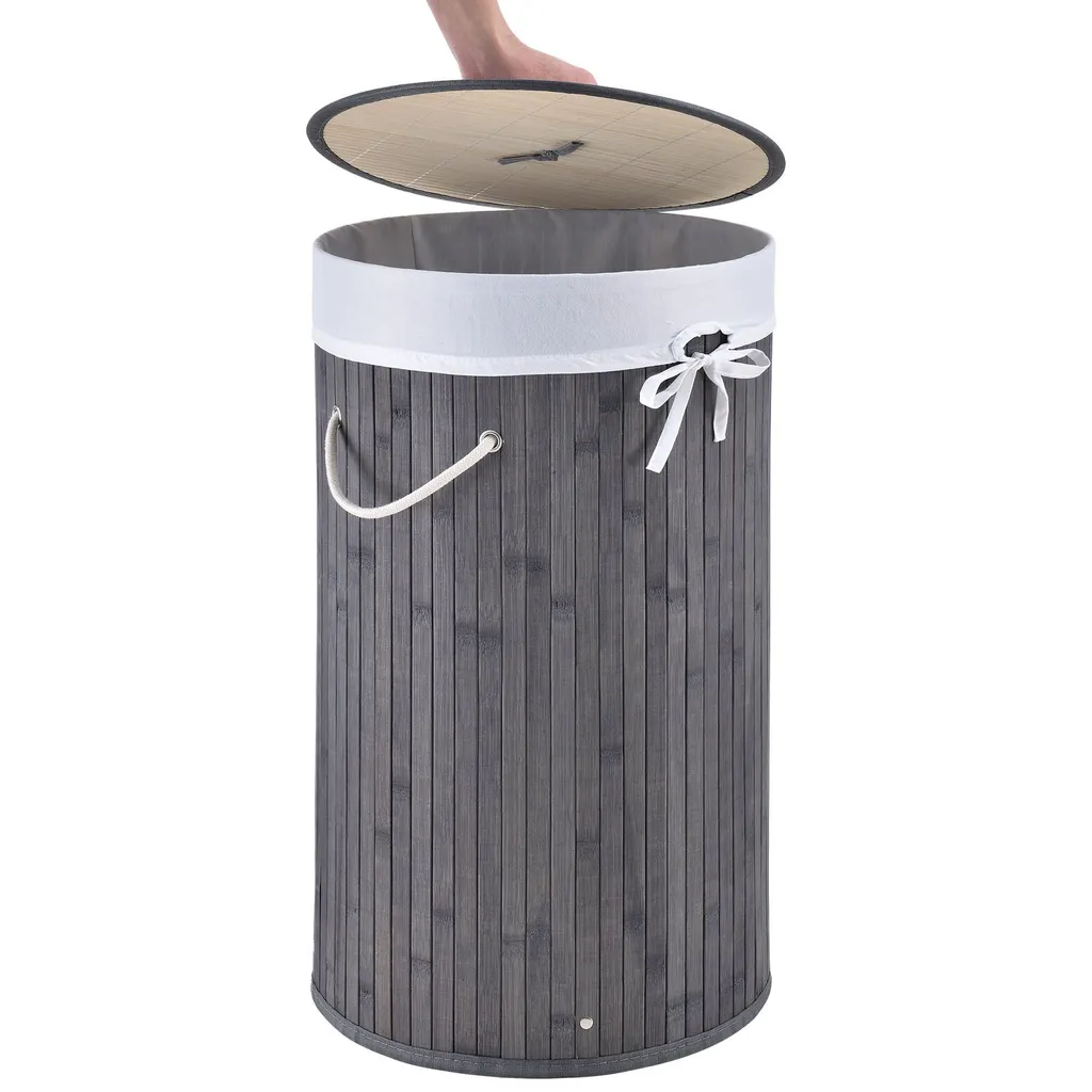 Juskys Bambus Wäschekorb Curly-Round – 55 Liter Volumen – Wäschesammler Mit Deckel, Tragegriffen & Stoff Wäschesack – 1 Fach Wäschebox – In Grau 10 Juskys Bambus Wäschekorb Curly-Round – 55 Liter Volumen – Wäschesammler Mit Deckel, Tragegriffen & Stoff Wäschesack – 1 Fach Wäschebox – In Grau – Bild 10