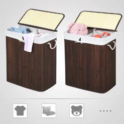 SONGMICS Wäschekorb Aus Bambus, Wäschesammler Mit 2 Fächern, Wäschesortierer Mit Deckel Und Herausnehmbarem Wäschesack, Tragegriffe Aus Baumwolle, 100 L Wäschebox, Braun LCB72Z -Leifheit || Vileda || Wenko Verkaufsgeschäft ff1fc0f22874f58ed5248d32f02fc159